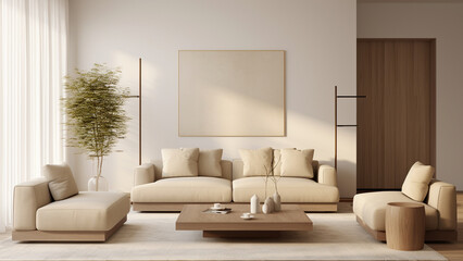 Minimalist beige living room interior with a warm atmosphere