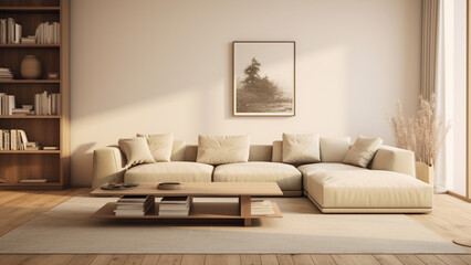 Minimalist beige living room interior with a warm atmosphere