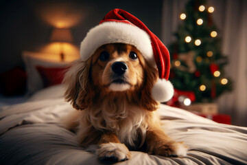 A small puppy dog wearing a Santa Claus Hat, sitting on a bed in a room decorated for Christmas