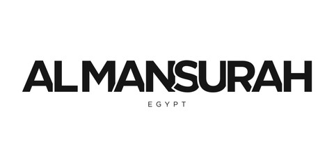 Al Mansurah in the Egypt emblem. The design features a geometric style, vector illustration with bold typography in a modern font. The graphic slogan lettering.