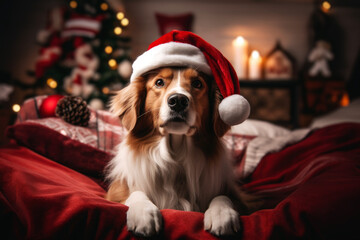 Adorable dog in a Santa Claus Hat sitting in a room decorated for Christmas