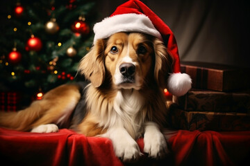 A cute family dog in a Santa Claus hat sitting next to a Christmas tree and presents