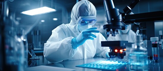 Female scientist in protective gear utilizing advanced microscope in laboratory alongside a group of chemists studying virus mutation for COVID 19 vaccine development With copyspace for text