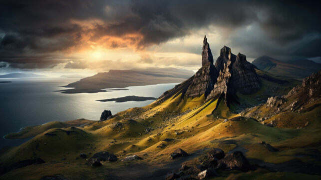 Breathtaking sunrise at Old Man of Storr in Scottish highlands. Wonderful view on this rock formation.