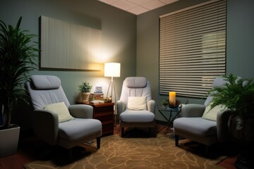 a therapists office featuring calming colors, plush chairs, and low light