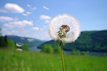 fluffy dandelion dispersing in a gentle breeze