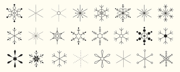 Modern minimalist Christmas background with simple black snowflakes. Vintage Xmas flake and star icon collection. Flat vector illustration isolated on white background