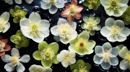Aerial View of Vibrant Mixed Colour Christmas Roses Floating on Water