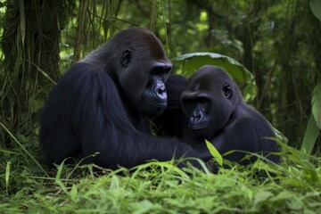 Naklejka premium gorillas grooming each other in a forest