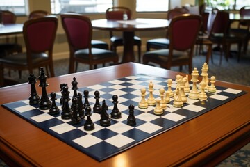 two chess sets on different tables, no players - obrazy, fototapety, plakaty