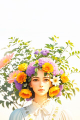 Concept of mental health, happiness, spring, loves and harmony. Happy young pretty woman with beautiful flowers on head on white background. Mindfulness, positive thinking, self care idea. Copy space