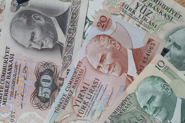 Various withdrawn turkish lira banknotes.