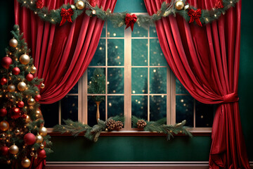 window with red curtain and christmas decoration