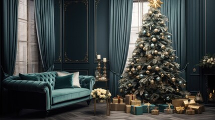 Fototapeta na wymiar Luxurious Teal Christmas Tree adorns Cozy Living Room with Elegant Furniture and Fireside Ambiance.