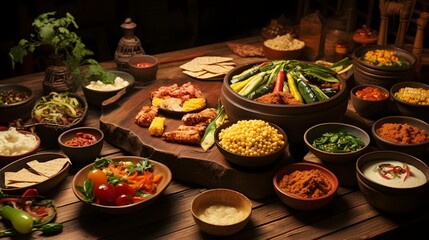 traditional thai food, a wooden table topped with plates of food,