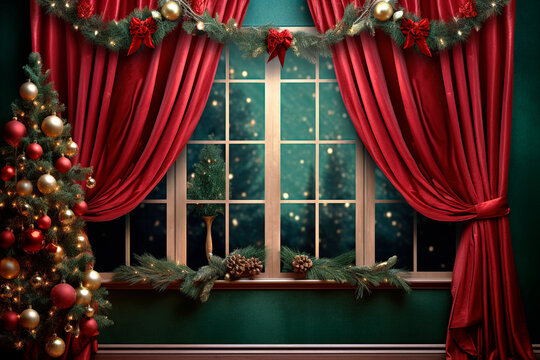 Window With Red Curtain And Christmas Decoration