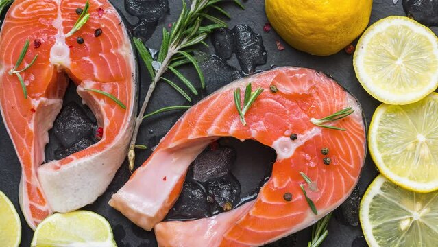 Salmon steaks, fish rich in omega 3, with rosemary and lemon on black slate board. Healthy and diet seafood. Keto and low carb food. Top view