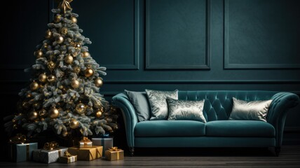 Teal-themed Luxury Living: Fireplace, Window View, and Elegant Christmas Tree in Home Interior
