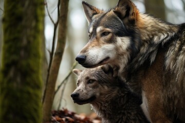 Naklejka premium a wolf comforts its fellow being in the forest