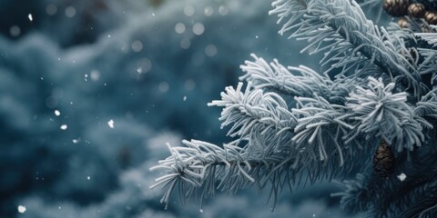 Winter Christmas Delight: Blue Spruce Tree in Snowy Wonderland Banner - obrazy, fototapety, plakaty