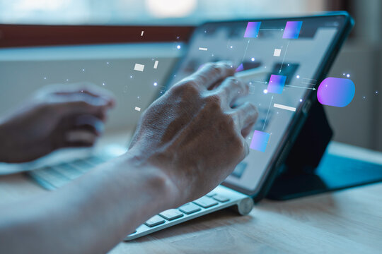 business process flowchart, implement and improve computer analysis for process and workflow automation with flowchart, a businessman in background
