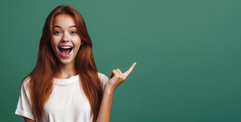 An excited young ginger teenage girl smiling and pointing her index finger up at the copy space expressing wow emotion standing isolated on green background studio copy space, advertisement concept