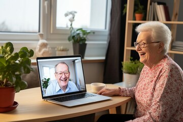 Telemedicine Consultation: Senior Spouses Video Calling Doctor at Home - obrazy, fototapety, plakaty