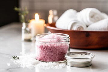 Obraz na płótnie Canvas relaxing bath salts poured into a clear glass jar by the tub