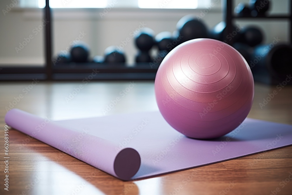 Sticker pilates ball and a mat neatly rolled up