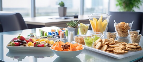 Business meeting food cool snacks and drinks on a table With copyspace for text