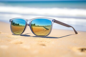 Fototapeta na wymiar uv protective sunglasses on a bright, sunny beach