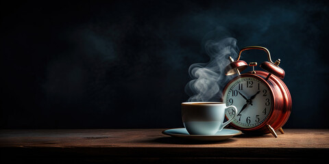 Vintage alarm clock and cup of coffee on the uniform dark backdrop with a copy space. Generative AI - obrazy, fototapety, plakaty