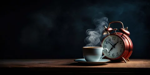 Foto op Canvas Vintage alarm clock and cup of coffee on the uniform dark backdrop with a copy space. Generative AI © AngrySun