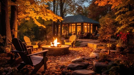 Fototapete Rot  violett Cozy Fire Pit Illuminates Autumn Backyard Night Landscape