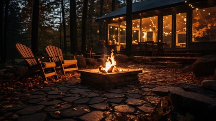 Fototapeta na wymiar Cozy Fire Pit Illuminates Autumn Backyard Night Landscape