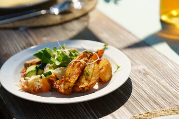 Delicious grilled food with fresh vegetable salad on plate. Preparing meals, refreshments for garden party. Outdoor grill or BBQ party.
