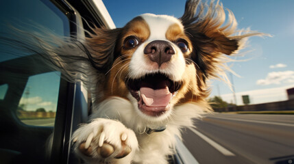 Happy Dog on road trip in car window