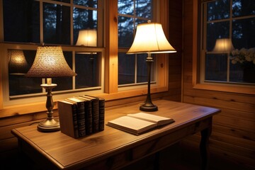 a well-lit room with a scripture on a wooden table