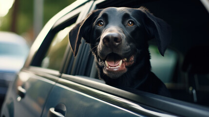 Happy Dog on road trip in car window