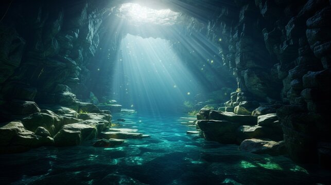 An artistic composition capturing the serenity of an underwater cave, with beams of sunlight penetrating the darkness and illuminating the hidden wonders within