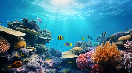 Naklejka na ściany i meble An HD image of a vibrant coral reef teeming with colorful fish, captured in crystal-clear waters, showcasing the intricate beauty of the underwater world