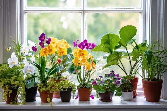 variety of flowering houseplants on a window sill