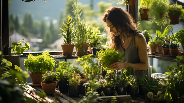 A Woman Cultivating Herbs And Plants On Her Small Apartment Balcony, Urban Gardening Concept. Generative AI