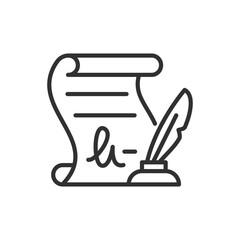 A signed document. Scroll and pen, linear icon