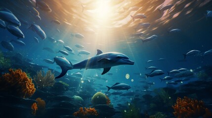 Fototapeta na wymiar A breathtaking underwater scene featuring a school of dolphins swimming gracefully through a vast, open ocean, with the sun's rays shimmering through the water's surface