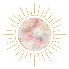 Moon and sun. Solar eclipse. Esoteric signs and symbols. Watercolor illustrations on the topic of astrology and esotericism. Isolated. Minimalistic illustration for design, print, fabric or background