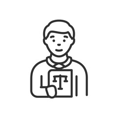 Lawyer, linear icon. A man with a book of laws and rights. Line with editable stroke