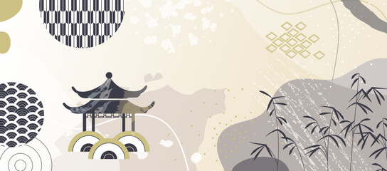 Abstract Asian Lunar New Year Promo Design Background. Modern Waves, Traditional Motifs and Tranquil Harmony for Festive Holiday Card, Asian and Chinese New Year Holidays or Japanese Traditional Fest.