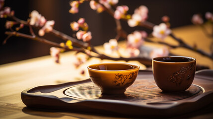 Tea ceremony, traditional teapot and ceramic cups on wooden tray on dark background with sakura blossoms. Generative AI