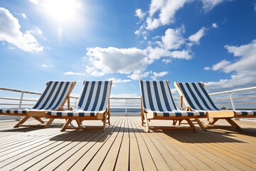 empty deck chairs under a sunny sky on a cruise ship - obrazy, fototapety, plakaty